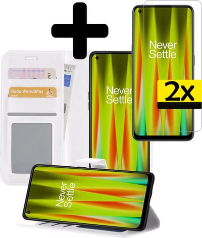 Hoesje - Met 2x Screenprotector - Geschikt voor OnePlus Nord CE 2 - Luxe Pasjeshouder - Bookcase Portemonee - Flip Case - Kunstleer Book Case - Flipcase Hoes - Book Cover - Walletcase - Portemonneehoes - Telefoonhoesjes - Wit