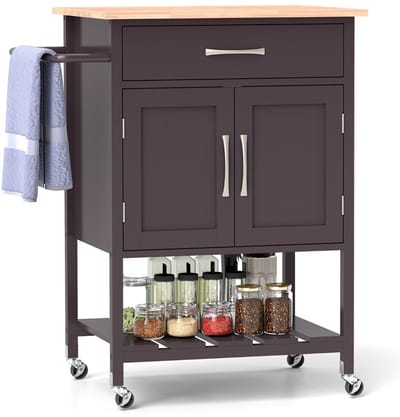 Keukeneiland - Verplaatsbaar - Keukenkast - Dressoir - Organizer - Kasten - Houten Werkblad - 1 Deuren - Bruin
