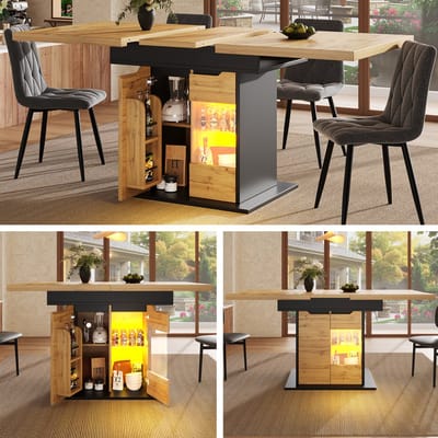 Uitschuifbare eettafel 110-140x80 cm - keukentafel - geschikt voor 4-6 personen - met LED-verlichting - met snackrek en kastdeuren