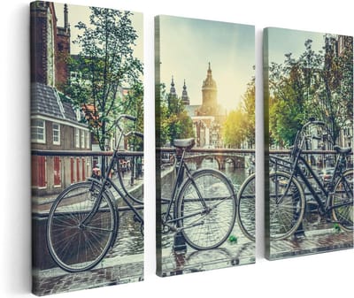 Artaza Canvas Schilderij Drieluik Amsterdamse Brug Bij Een Gracht Met Zonsondergang - 120x80 - Foto Op Canvas - Canvas Print