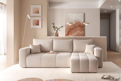 Hoekbank met slaapfunctie 248 x 145 cm - 3-zits Slaapbank met Bedlade, Opbergruimte, Omkeerbare Chaise Longue, Uitschuifbaar Logeerbed 200 x 125 cm - Crème - Vermissen