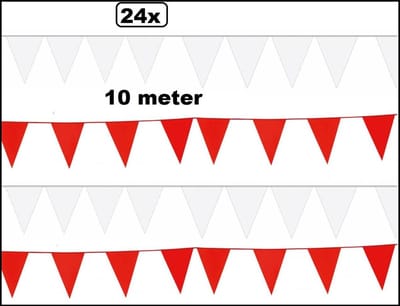 24x Vlaggenlijn rood en wit 10 meter - vlaglijn festival thema feest verjaardag carnaval vlaggetje kleur