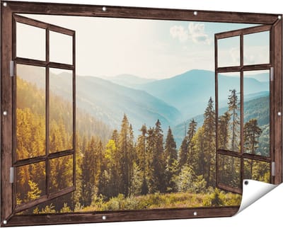 Gards Tuinposter Doorkijk Bos met Bomen in de Hoge Bergen - 150x100 cm - Tuindoek - Tuindecoratie - Wanddecoratie buiten - Tuinschilderij
