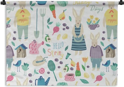 Wandkleed - Wanddoek - Patronen - Konijn - Lente - Tuin - 60x45 cm - Wandtapijt