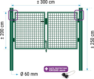 Dubbele poort 200 cm (hoogte) 2 vleugels van 150cm (lengte) RAL 6005 groen