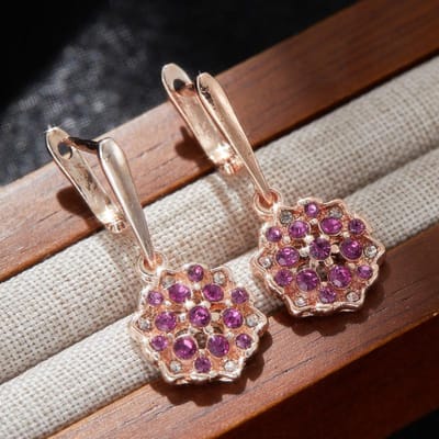Boucles d'oreilles créoles rondes en cristal rouge rose et zircon tournesol pour femmes, couleur or rose, bijoux de mariage à fleurs, cadeau de fiançailles brown