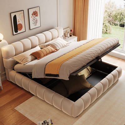 MODFU Gestoffeerd Tweepersoonsbed – 140x200 cm – Hydraulische Opbergruimte – Ingelegd Matras – 26 Latten – Fluweel – Beige