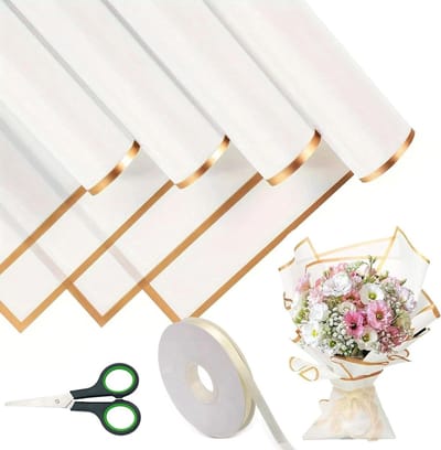Decoratief Cadeaupapier Set met 20 Vellen, 1 Rol van 40m Lint en Schaar - Waterdicht Bloemenpapier voor Cadeaus, Bloemen en Creatieve Knutselprojecten (Wit, 58 x 58 cm)