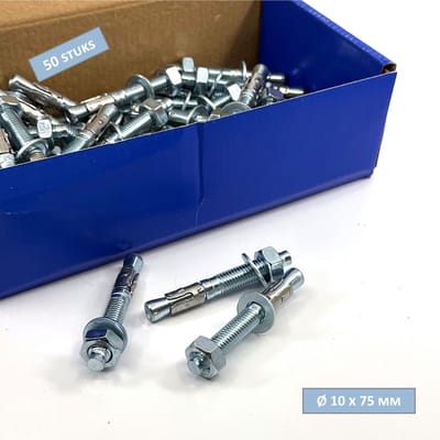 UFAST keilbout M10 x 75 mm - Doorsteekmontage - Moer + sluitring - Verzinkt - 50 stuks