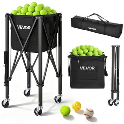 VEVOR Opvouwbare Tennisballenwagen, Tennisballenmand voor 150 tennisballen, Inklapbare ballenwagen met frame van aluminiumlegering en draagtas, Mobiele ballenmand met wielen voor trainingsdoeleinden en opslag, Zwart