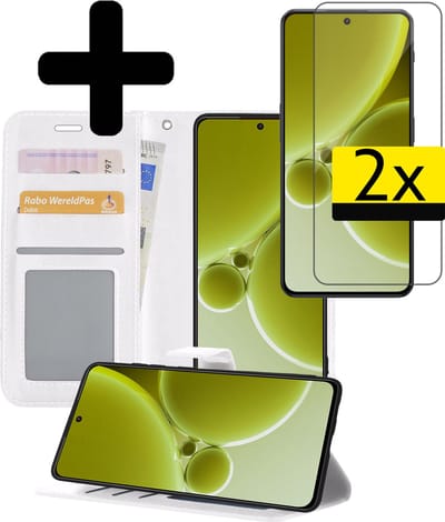 Hoesje - Met 2x Screenprotector - Geschikt voor OnePlus Nord 3 - Luxe Pasjeshouder - Bookcase Portemonee - Flip Case - Kunstleer Book Case - Flipcase Hoes - Book Cover - Walletcase - Portemonneehoes - Telefoonhoesjes - Wit