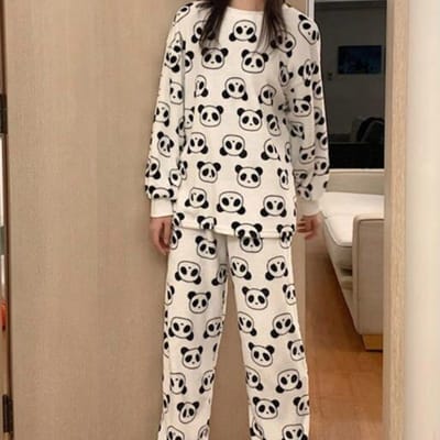 Fleece Zachte Dameskleding Leuke Panda Print Pyjama voor Dames Ronde Hals Lange Mouw Herfst Dames Tweedelige Set XL wit