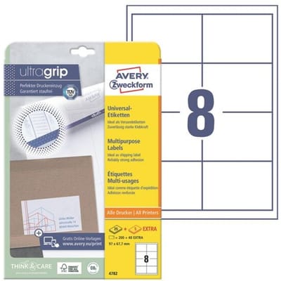 Avery-Zweckform 4782 Universele etiketten 97 x 67.7 mm Papier Wit 240 stuk(s) Permanent hechtend Inkjet, Laser (zwart/wit), Laser (kleur), Kopiëren