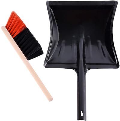 Garronda Veegset – Metalen Stofblik met Houten Handvat – Inclusief Handveger – Zwart/Oranje + Zwart