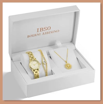 Boerni Aibisino Luxe Horloge Giftset met armband en ketting – Stralende Elegantie in Goudkleur voor Dames