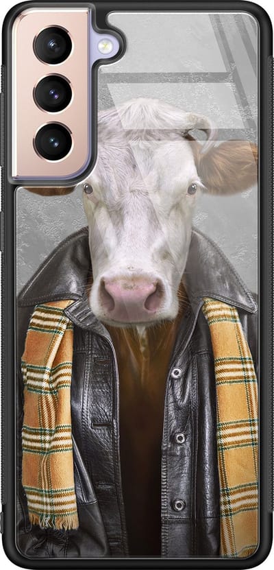 Hoesje geschikt voor Samsung Galaxy S21 - Koe - Luxe Glazen Hardcase - Print / Illustratie - Grijs