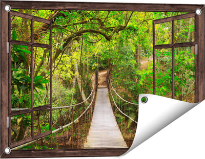 Gards Tuinposter Doorkijk Hangbrug - 60x40 cm - Tuindoek - Tuindecoratie - Wanddecoratie buiten - Tuinschilderij