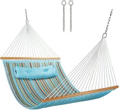 12 FT gewatteerde dubbele hangmat met spreidstangen en kussen voor 2 personen - Buiten en Patio