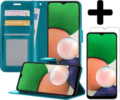 Hoesje - Met Screenprotector - Geschikt voor Samsung Galaxy A22 4G - Luxe Pasjeshouder - Bookcase Portemonee - Flip Case - Kunstleer Book Case - Flipcase - Book Cover - Walletcase - Portemonneehoes - Telefoonhoesjes - Turquoise