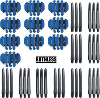 – 10 Sets Ruthless Flights – dart flights – Aqua – plus 10 sets Dragon – dart shafts – medium