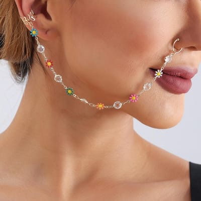 Neus tot Oor Ring Ketting Metaal Mode Uniek Vervaagd-bestendig Neusring Lichaamssieraad voor Vrouwen Meisje ZW436 goud one size brown