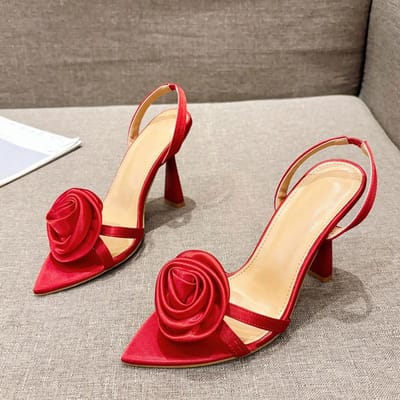 Liyke Zomermode Zijde Roos Bloemen Puntige Open Teen Achterband Sandalen Vrouwen Rood Hoge Hakken Bruiloft Prom Schoenen Zapatos Mujer 38