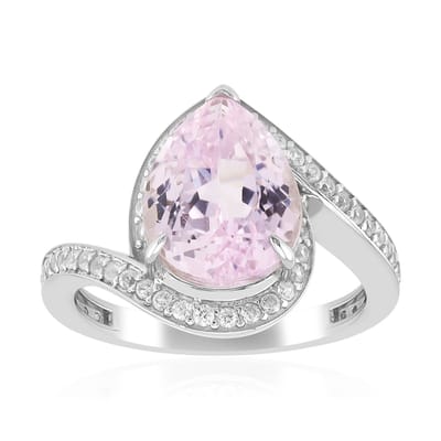 Cavill - Zilveren Ring - 925 Sterling Zilver Platina Verguld - 4,13 ct Peervormige Kunziet & Cambodjaanse Zirkonen - Elegante Edelsteenring - Maat 20