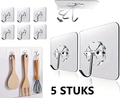 5 Stuks Zelfklevende Ophanghaken I Ophangsysteem I Zelfklevende Muur Hangers I Ophanghaakjes I Handdoekhaakjes I Keukenhaakjes I Transparant