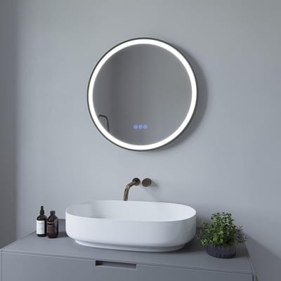 SnelShoppen - Badkamerspiegel met Verlichting Rond 60 cm Zwart Frame, LED Wandspiegel, Condensvrij, Verwarmd, Dimbaar, Touch-Schakelaar, 3 Lichtkleure
