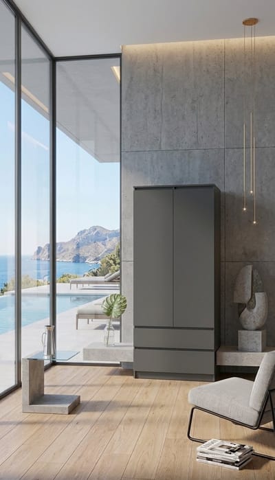 Moderne 2-Deurs Kledingkast met Spiegel 180x90x51 cm – Met Legplanken, Kledingroede en Laden – Ruime Metalen Garderobekast voor Slaapkamer, Hal en Kleedkamer – Grijs | Novihome