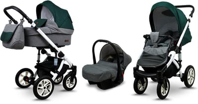 BabyLux® Kinderwagen 3in1 – SKY LARK - Grey Flex Green WHITE FRAME - Opklapbare Wandelwagen incl. Reiswieg, Multifunctionele Buggy Sportstoel, Autostoel - Combi-kinderwagen met Luiertas, Regenhoes, Klamboe, Bekerhouder, etc.