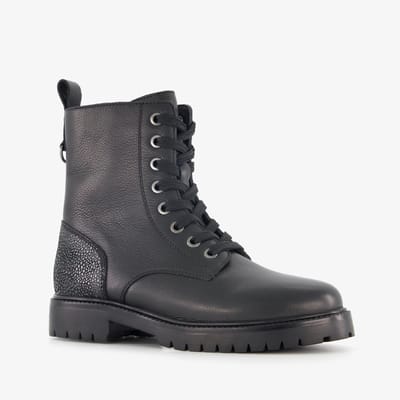 Groot leren meisjes veterboots met glitters op de hiel zwart - Maat 31