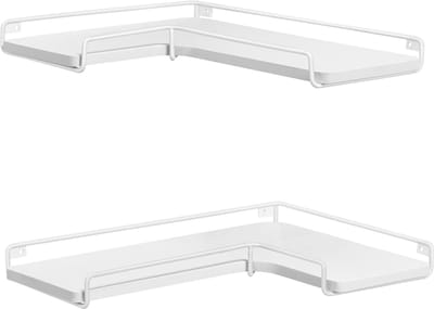 Wandrek 2 Delig Opbergrek Displayrek L Vormige Hoekplanken 40x29x1,2 Cm Wit Metalen Frame Houten Planken Stevig Stijlvol Woonkamer Slaapkamer Badkamer Keuken