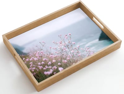 Dienblad hout 50x35 cm - Schootdienblad - Klif - Bloemen - Zee - Roze - Borrelplank rechthoek - Plateau dienbladen