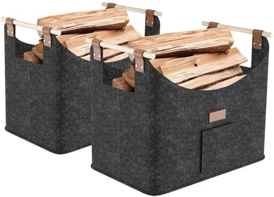 NAIZY 2x Vilten Tas voor Brandhout Brandhout opvouwbaar met extra dikke vilt en versterkte houten handvat Vilten Mand Houten Mand Winkeltas voor winkelen Hout Kranten, Donkergrijs