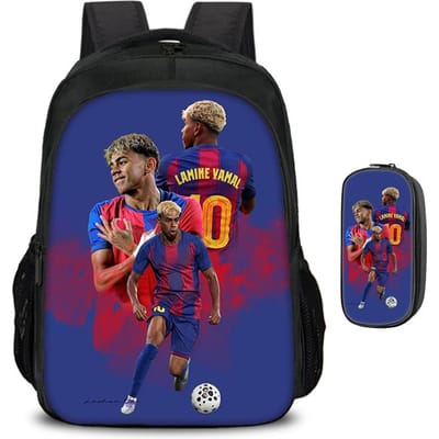 Kinderen School Rugzak 2 Stuks Set Rugzak, Etui Schooltassen L-Lamin Yamal Dubbellaagse Rugzak Voetbalster blue