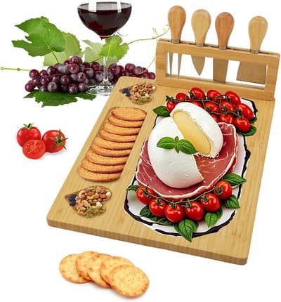 SnelShoppen - Luxe Bamboo Kaasplank met 4 Messen - Gepersonaliseerde Charcuterie Set voor Feestjes, Huishoudingen, Kerst, Huwelijk, Verjaardagen, Jubi