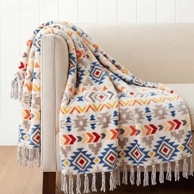 Famanu – Boho plaid met franjes, kleurrijke decoratieve flanellen deken voor bank, bed en stoel, 127 x 152 cm, ideaal voor binnen en buiten gebruik