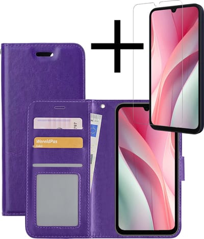 Hoesje - Met Screenprotector - Geschikt voor Samsung Galaxy A15 - Luxe Pasjeshouder - Bookcase Portemonee - Flip Case - Kunstleer Book Case - Flipcase - Book Cover - Walletcase - Portemonneehoes - Paars