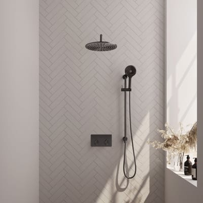 Brauer Gunmetal Edition thermostatische inbouw regendouche met drukknoppen SET 70 met 30 cm douchekop en gebogen muurarm en 3-standen handdouche en doucheslang en geïntegreerde glijstang gunmetal geborsteld PVD
