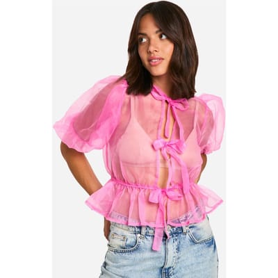 boohoo Dames Organza Top met Strik voor en Pofmouwen Top | Roze | Maat: 34