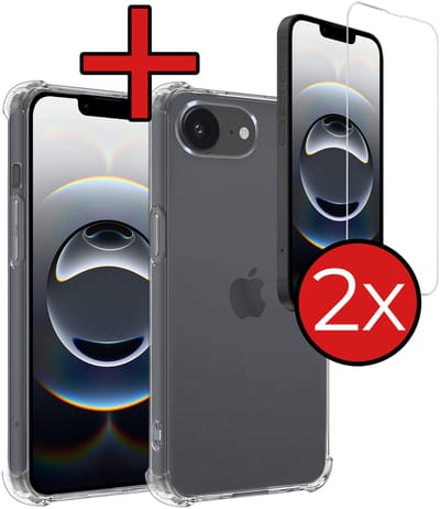 Hoesje - Met Screenprotector - 2 Stuks - Geschikt voor Apple iPhone 16e / 17e - Sterk & Shockproof - Back Cover - Siliconen Case - Telefoon Hoes - Shock Proof - Telefoonhoes - Transparant