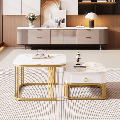 Wishdor Stapelbare salontafel set wit - hoogglans marmerlook, gouden accenten, lade, MDF, compact
