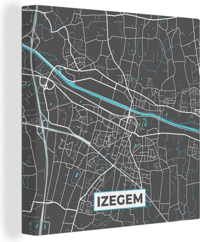 Canvas Schilderij Plattegrond – Izegem – Blauw – Stadskaart - Kaart - 20x20 cm - Wanddecoratie
