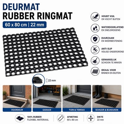 Wicotex - Deurmat - Rubber - Ringmat - Schoonloopmat 22mm - Afmeting 60x80cm - Kleur Zwart