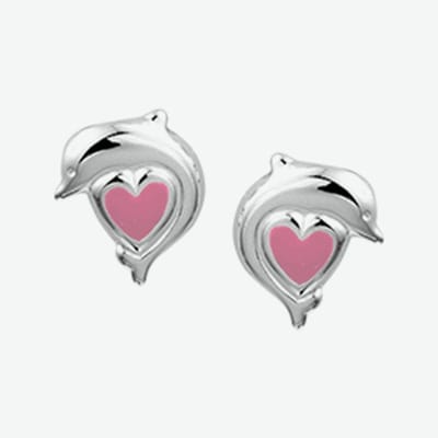 YO&NO - Oorbellen - Zilver - Oorknoppen - Hart - Dolfijn - Roze - 6,7/8,6mm - Kinderen - Zilver 925