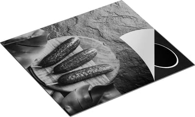 Chefcare Inductie Beschermer Komkommers met Bladeren op Zwarter Marmer - Zwart Wit - 60x50 cm - Afdekplaat Inductie - Kookplaat Beschermer - Inductie Mat