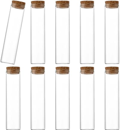 Dailygoods- Reageerbuizen 60 ml - 10 Stuks - Borosilicaatglas - Platte Reageerbuizen - Kurk Stoppers - Flesjes voor Experimenten - Laboratoriumglaswerk