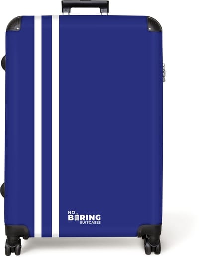 NoBoringSuitcases.com® - Koffer groot - Reiskoffer lichtgewicht - Koningsblauwe achtergrond met dubbele witte zijstrepen links - Rolkoffer met 4 wielen - Grote trolley XL - 98 liter bagage