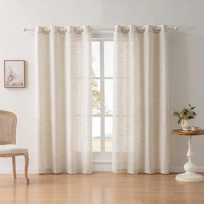Floraweg Semi-transparante gordijnen van poly-linnen met textuur, lange slub, effen gordijnen met zeilringen voor openslaande deuren, beige,140x160cm